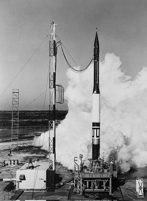 Vanguard rocket test Vanguard rocket test. One of the US Navy s un manned, 22 metre long, Vanguard rockets undergoing a static test. The Vanguard rocket was intended to be the U.S. s first launch vehicle to place a satellite into orbit. However, the surprise Russian launch of Sputnik 1 led the U.S. to orbit their first satellite  Explorer 1  using a Juno I rocket, making Vanguard I the second U.S. orbital launch. Vanguard rockets were used by Project Vanguard from 1957 to 1959. Photographed at Cape Canaveral, Florida, USA.