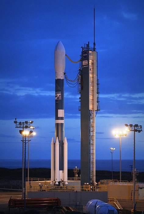 Rocket carrying CloudSat and CALIPSO CloudSat and CALIPSO launch rocket on its launch pad at Vandenberg Air Force Base, California, USA. These two satellites were due to be launched on this Boeing Delta II rocket on 21st April 2006. However, a series of errors and delays has caused the launch to be postponed several times. A communications failure, high winds, low cloud and a faulty temperature sensor have all grounded the launch. It is now scheduled for 28th April. The two satellites will study aerosols and clouds, and will join the A Train of satellites, along with Aqua, Aura and the French PARASOL. The A Train satellites will greatly improve our understanding of weather and climate change. Photographed on 22nd April 2006.