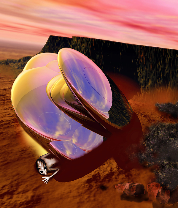 Computer artwork of an alien and its crashed UFO Roswell crash site. Computer artwork of an alien emerging from the wreckage of a UFO at the Brazel ranch near Roswell, New Mexico, USA. It was near here on the evening of 2 July 1947 that many UFO sightings were reported during a thunderstorm. Next morning a rancher, Mac Brazel, discovered strange wreckage in this field. When the impact site was located, a UFO craft and alien bodies were allegedly found. The official explanation was that it was a crashed weather balloon. Many Roswell inhabitants, however, believe it a cover up,   that aliens had arrived.