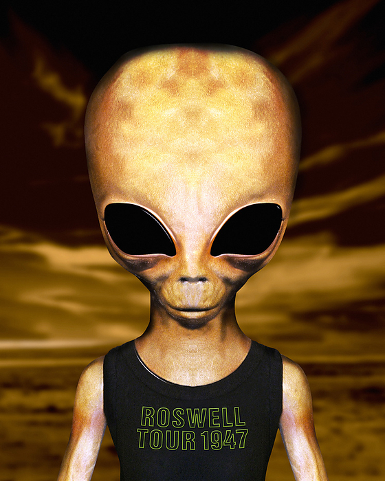 Roswell alien Roswell alien, computer artwork. The alien is wearing a vest referring to the Roswell incident, which took place near Roswell, New Mexico, USA. It was near here on the evening of 2 July 1947 that many UFO sightings were reported during a thunderstorm. Next morning, a rancher, Mac Brazel, discovered strange wreckage in a field. When the impact site was located, a UFO craft and alien bodies were allegedly found. The official explanation was that it was a crashed weather balloon. Conspiracy theorists believe that the true events were kept secret. There is now a tourist industry in Roswell, which includes the International UFO Museum and Research Center, and an annual UFO festival.