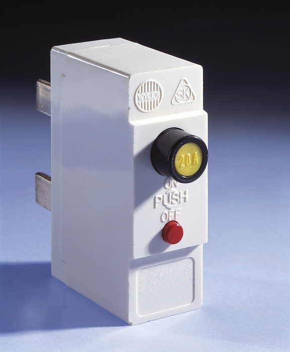 Button operated circuit breaker Miniature circuit breaker  MCB . Button operated 20 amp miniature circuit breaker. This protective electric plug cuts the electricity supply to a domestic device when a fault develops.