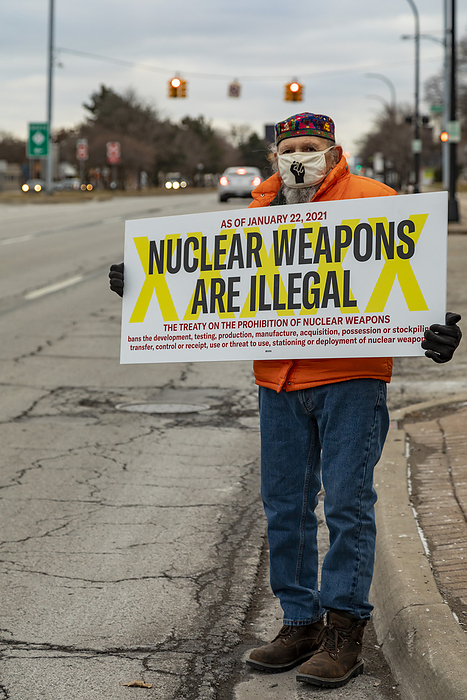 Anti nuclear weapons protester, Ferndale, Michigan, USA Editorial use only   Protester at an anti nuclear weapons protest. Photographed on 22 January 2021 in Ferndale, Michigan, USA.