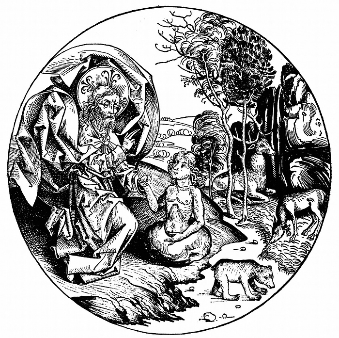 The Sixth Day of Creation: having created cattle and creeping things, God creates Adam. From Hartmann Schedel 'Liber chronicarum mundi', (Nuremberg Chronicle) Nuremberg, 1493. Woodcut.