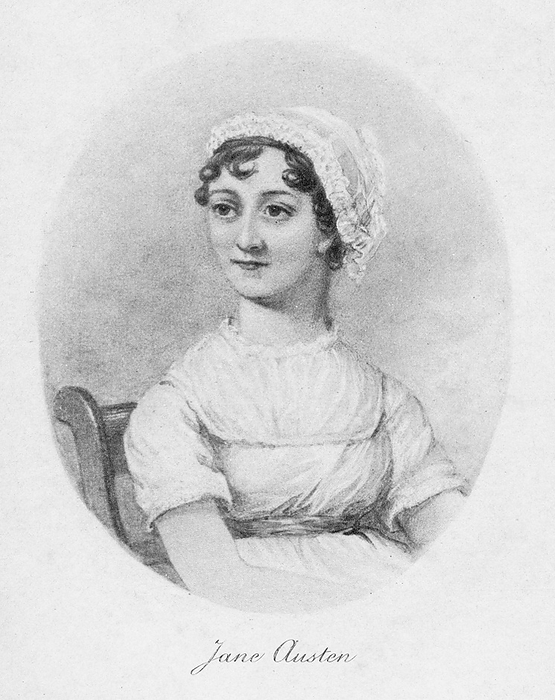 Jane Austen (1775-1817) c1810, 1902. English novelist remembered for her six great novels 'Sense and Sensibility', 'Pride and Prejudice', 'Mansfield Park', 'Emma', 'Persuasion', and 'Northanger Abbey'. From 'Jane Austen: Her Homes & Her Friends' by Constance Hill. (London, 1902).