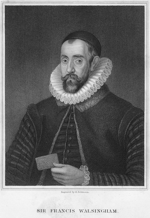 Sir Francis Walsingham, Secretary of State to Elizabeth I, late 16th century. English statesman Walsingham (1530-1590) was principal secretary to Queen Elizabeth I from 1573 until th eyear of his death. He was a skilled diplomat whose knowledge of languages and capacity to organize espionage activities made him invaluable in the execution of Elizabeth's foreign policy. From 'Portraits of Illustrious Personages of Great Britain' by Edmund Lodge, London, 1840.
