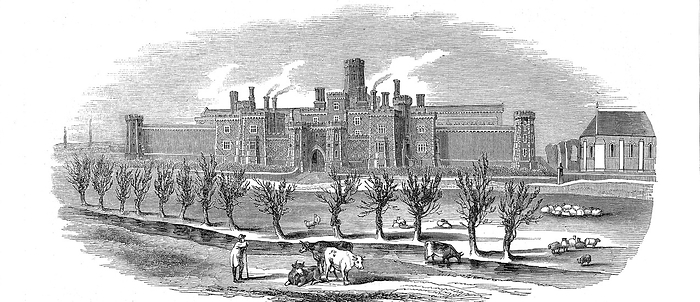 Reading Gaol, Berkshire, England. Exterior view of newly built County Gaol opened in 1844. On same plan as the model prison at Pentonville, it was arranged in four wings joined by central Inspection Hall. Approximatedly 520 cells, each with hammock, stool, table, gas light, wash basin and WC. Cells arranged in three tiers opening onto balconies overlooking central hall. From 'The Illustrated London News', 17 February 1844. Wood engraving