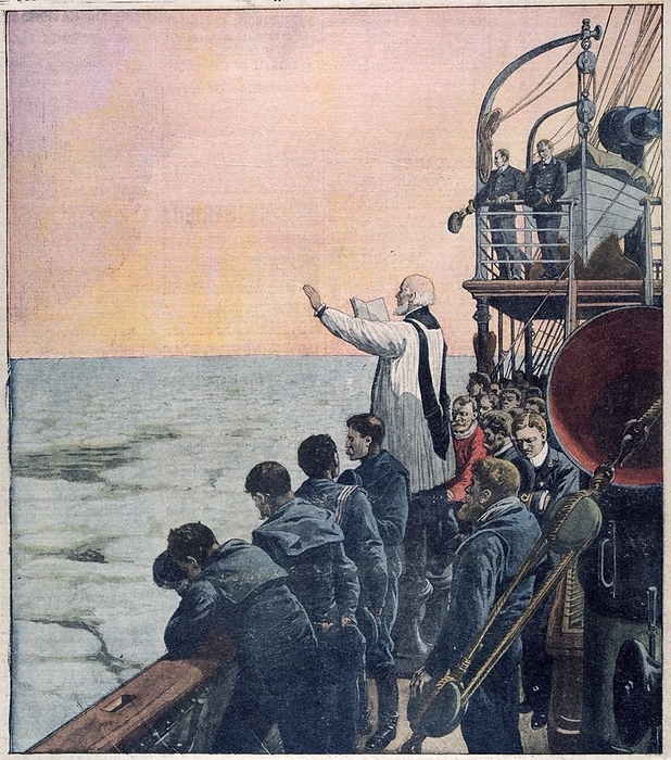 The loss of SS Titanic, 14 April 1912: Prayers at the scene of the disaster. The White Star Line chartered the cable-laying vessel Mackay-Brown to recover bodies and debris from the wreck of SS Titanic.  The vessel carried morticians and mortuary equipment and the remains recovered were landed at New York.  Here the crew stand solemnly as prayers are said for those lost.  SS Titanic struck an iceberg in thick fog off Newfoundland. She was the largest and most luxurious ocean liner of her time, and thought to be unsinkable.  In the collision five of her watertight compartments were compromised and she sank. Out of the 2228 people on board, only 705 survived.  A major cause of the loss of life was the insufficient number of lifeboats she carried.  From 'Le Petit Journal'. (Paris, 5 May 1912).