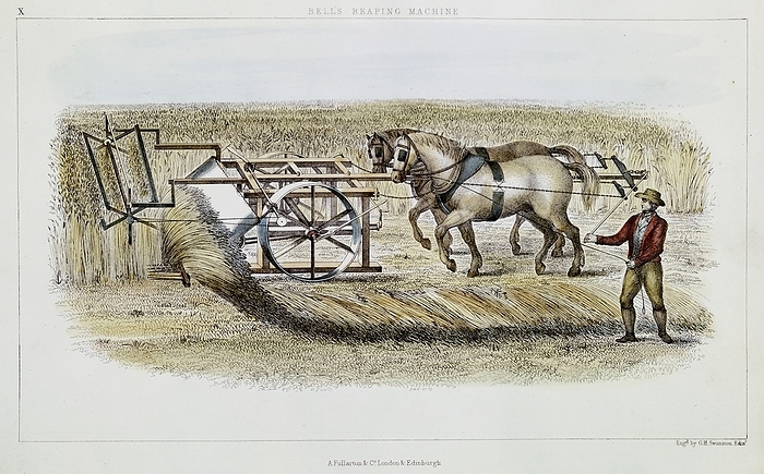 Patrick Bell (1799-1869) Scottish clergyman and inventor. His horse-powered machine  reaping of 1826. First successful reaping machine, but not commercialised. Hand-coloured engraving 1851.