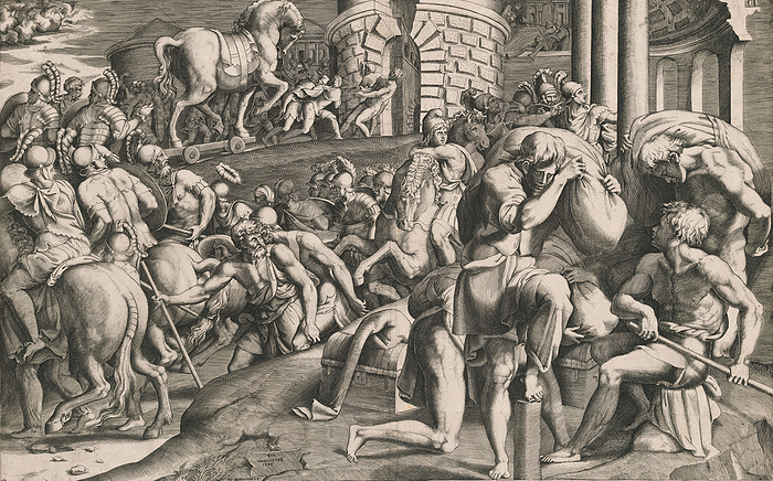 The Trojans pulling the wooden horse into the city, 1545. Creator: Giulio Bonasone. The Trojans pulling the wooden horse into the city, 1545.