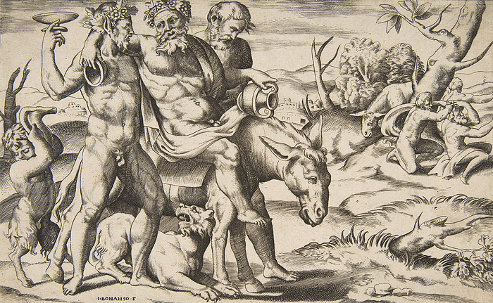 A drunken Silenus riding an ass being supported by satyrs, 1531 76. Creator: Giulio Bonasone. A drunken Silenus riding an ass being supported by satyrs, 1531 76.