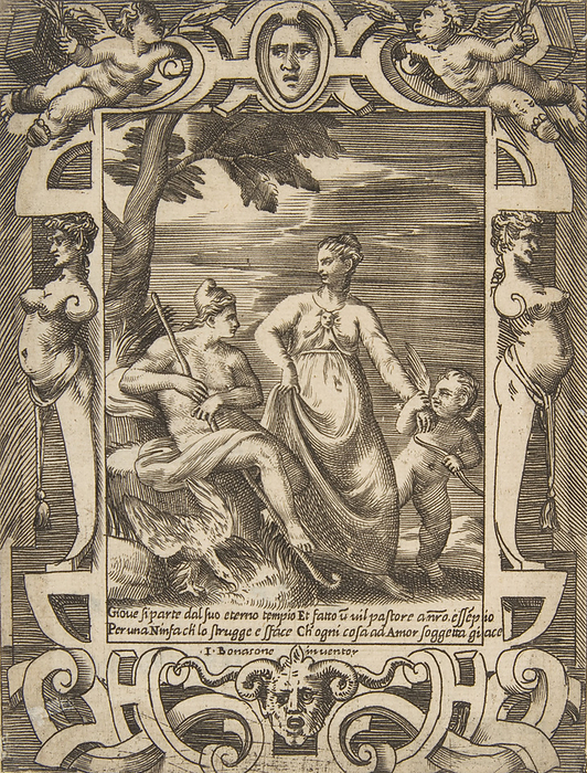 Jupiter at left in the form of a shepherd accompanied by Mnemosyne, set within an elabo..., 1531 76. Creator: Giulio Bonasone. Jupiter at left in the form of a shepherd accompanied by Mnemosyne, set within an elaborate cartouche, from the  Loves, Rages and Jealousies of Juno  , 1531 76.