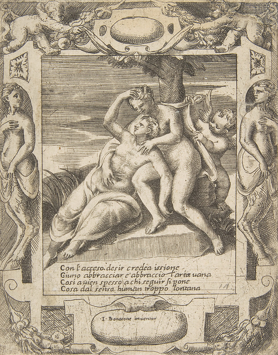 Ixion embracing a cloud, thinking it is Juno, Cupid at the right, set within an elabora..., 1531 76. Creator: Giulio Bonasone. Ixion embracing a cloud, thinking it is Juno, Cupid at the right, set within an elaborate frame, from the  Loves, Rages and Jealousies of Juno  , 1531 76.