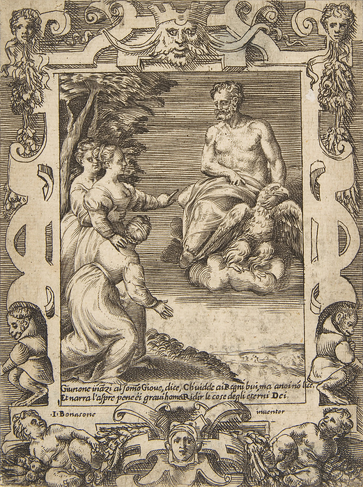 Juno at left asks Jupiter to help the Greeks, set within an elaborate frame, from the  ..., 1531 76. Creator: Giulio Bonasone. Juno at left asks Jupiter to help the Greeks, set within an elaborate frame, from the  Loves, Rages and Jealousies of Juno , 1531 76.