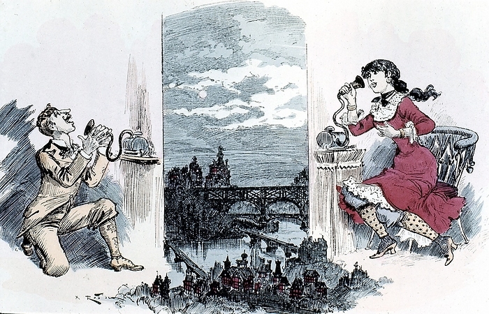Courting by telephone across Paris. Robida's idea of  one of the results of the invention of the telephone.  From A Robida 'Le Vingtieme Siecle' Paris 1883.