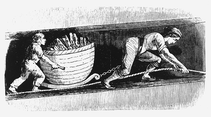 Woman and boy drawing a corve containing 3-4 cwt of coal - Bolton, Lancashire, England. Woman wears harness round waist, passing between her legs and attached sledge by a chain. British coal industry c1848. Engraving