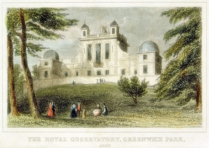Flamsteed House, Greenwich Park,  near London, England, the Royal Greenwich Observatory. Built by Christopher Wren (1632-1723) on the orders of Charles II with the aim of providing  accurate navigation tables and of solving the problem of finding longitude at sea. Hand-coloured engraving c1835.