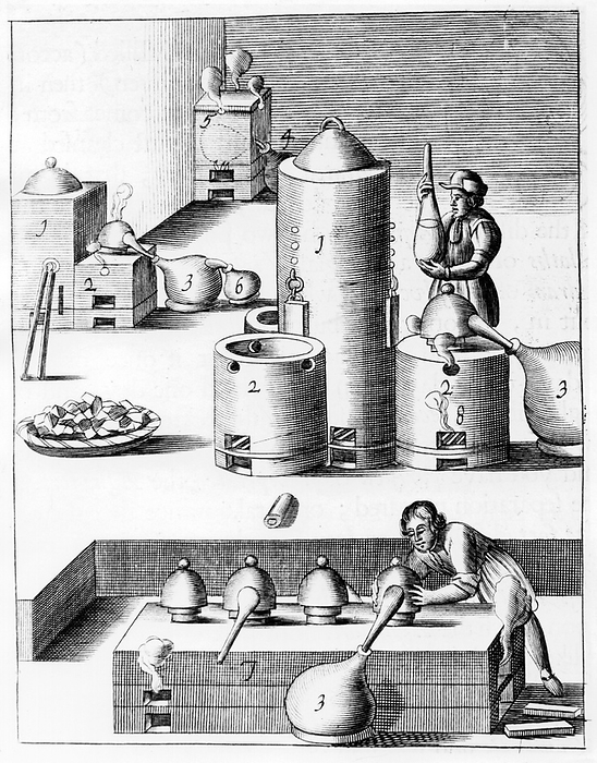 Athanor or 'Slow Harry', a self-feeding furnace maintaining a constant temperature. Centre: 1) Athanor or 'Slow Harry': 2) side chambers containing reagents: 3) glass receivers. Back: 5) furnace heating retort. Bottom: 7) Long furnace. This plate shows the distillation of nitirc acid (also known as Aqua Fortis or Parting Acid) which was used in the refining and assaying of metals.   From 1683 English edition of 'Beschreibung allerfurnemisten mineralischen Ertzt', Lazarus Ercker, (Prague,1574). Copperplate engraving.