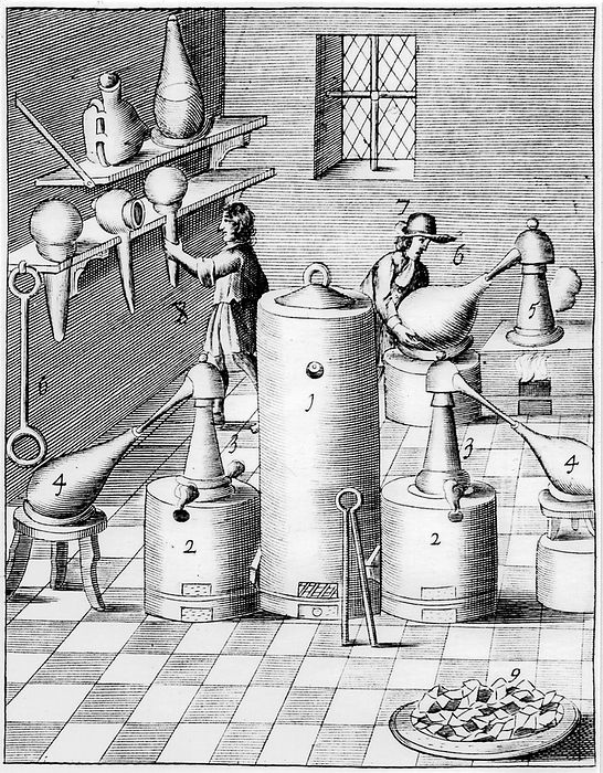 Laboratory for refining gold and silver, showing typical laboratory equipment. 1, Athanor or 'Slow Harry', a self-feeding furnace maintaining a constant temperature. 2,2. Side furnaces with receivers on stools, 4,4.  On right of top shelf is a glass vessel shaped like an Hermetic vase. From 1683 English edition of 'Beschreibung allerfurnemisten mineralischen Ertzt', Lazarus Ercker, (Prague, 1574). Copperplate engraving.