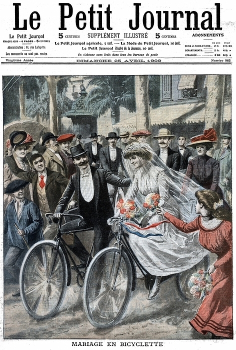 Wedding party on bicycles led by Bride and Bridegroom, Nice, France. Party rode to civil ceremony and, after it was performed, remounted and rode off for the Wedding Breakfast. From 'Le Petit Journal' Paris April 1909.