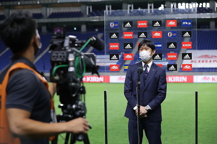 2022 FIFA World Cup Asia 2nd Preliminary Round Japan head coach Hajime Moriyasu is interviewed after winning the FIFA World Cup Qatar 2022 Asian Qualifier Second Round Group F match between Japan 5 1 Kyrgyzstan at Panasonic Stadium Suita in Osaka, Japan, June 15, 2021.  Photo by JFA AFLO 