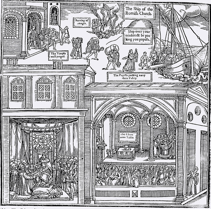 Woodcut from the first edition of John Foxe 'The Book of Martyrs', London 1563, depicting iconoclasm, centre top. In the top part of the image 'papists' are packing away their 'paltry,' while the church is purged of idols. At bottom left   clerics receive the Bible from Queen Elizabeth I. Bottom right shows the interior of a Protestant church with the congregation listening to a sermon, a somple Communion table rther than an altar, and a Baptism taking place.