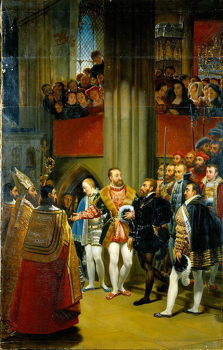 Francois I (1494-1547), King of France from 1515, and Charles V (1500-1558), Holy Roman Emperor from 1519, visiting the tomb of St Denis, patron saint of Paris, 13 January 1540. Painting by Norblin after Anton Jean Gros (1771-1835).