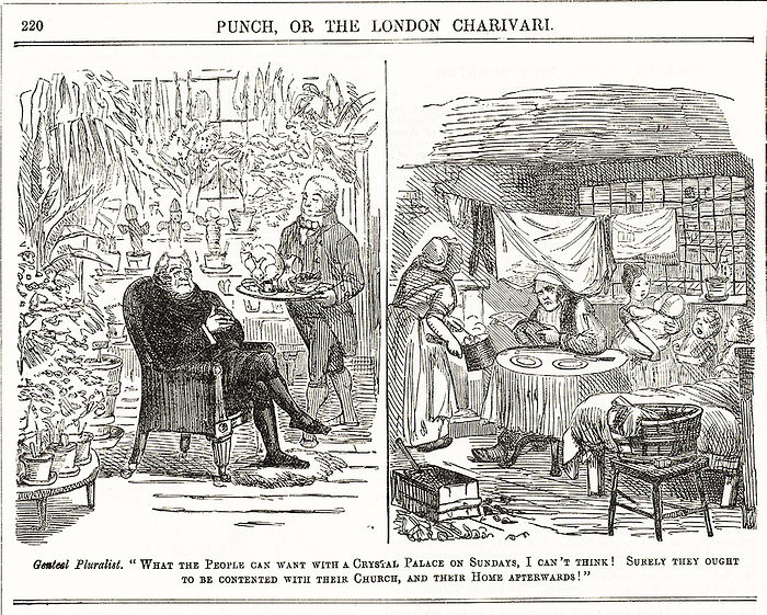The Garret and the Conservatory':  Cleric with multiple livings cannot think why the poor were not content to go home after Sunday service and spend the rest of the day there. Cartoon  from 'Punch', London, 1852.