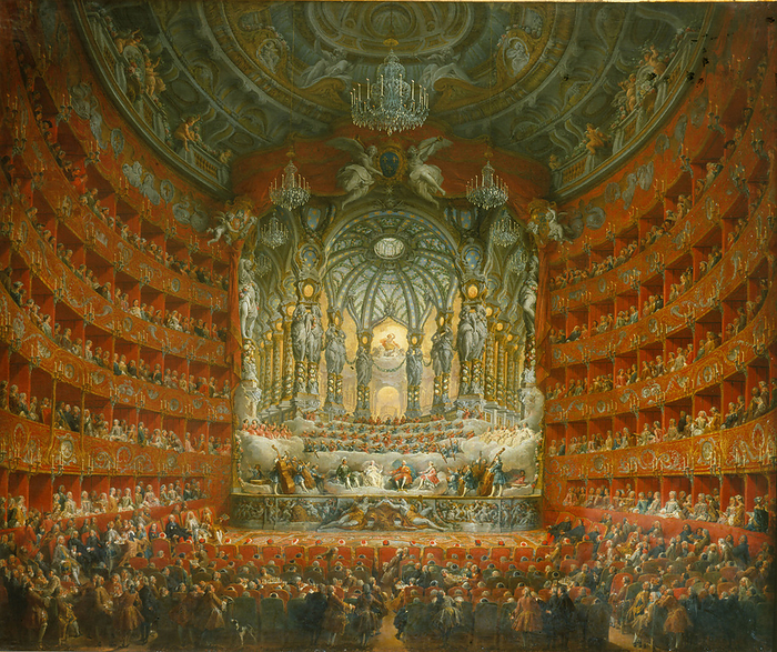 Musical fete given by Cardinal de la Rochefoucauld in the Theatre Argentina, Rome, 15 July 1747, on the occasion of the marriage of Louis, Dauphin of France, son of Louis XV, to Marie Joseph of Saxony.   Giovanni Paolo Pannini (1691-1765) Italian painter.