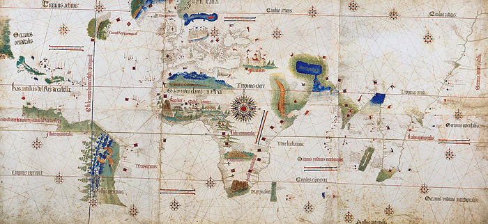 World map of 1502 showing the continent of Africa in the centre. Named after Alberto Cantino,  Italian diplomatic agent in Lisbon,  who obtained it  for the Duke of Ferrara. The rivalry between Spain and Portugal over trade and conquest was regulated by the Reaty of Tordesillas 1494. The blue line on left shows the Papal demarcation of territory, Spain to the West, Portugal to the East.