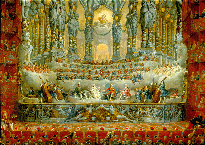 Musical fete given by Cardinal de la Rochefoucauld in the Theatre Argentina, Rome, 15 July 1747, on the occasion of the marriage of Louis, Dauphin of France, son of Louis XV, to Marie Joseph of Saxony (detail).   Giovanni Paolo Pannini (1691-1765) Italian Neoclassical painter.