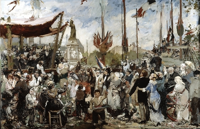 The 14th of July, 1880' study by Alfred Philippe Roll (1846-1919), French painter.  The crowds are en fete for 14 July, Bastille Day, a public holiday in France, and are enjoying the music played by the band on the bandstand.