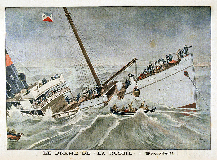 Drama of the wreck of the transatlantic liner 'La Russie'. Passengers being lowered into a lifeboat.  From 'Le Petit Journal', Paris, 27 January 1901.