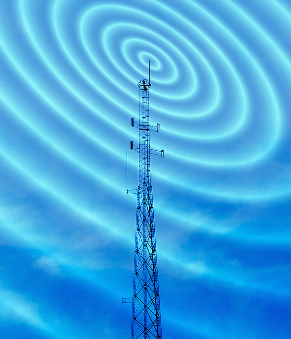 Radio mast with radio waves Radio mast, conceptual computer artwork. The concentric rings represent the radio waves or microwaves being transmitted by the mast.