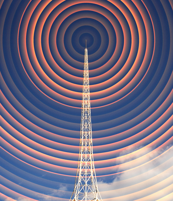 Radio mast with radio waves Radio mast, conceptual computer artwork. The concentric rings represent the radio waves or microwaves being transmitted by the mast.