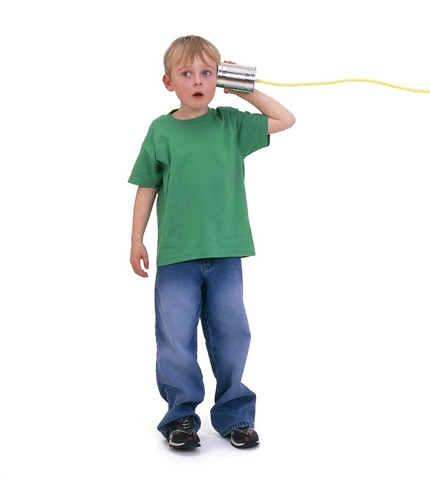 Tin can telephone Tin can telephone being used by a boy. Sound waves are being transmitted along the string to the can, which is being held to the boy s ear. This apparatus can be used to demonstrate the principles of sound waves and their transmission.