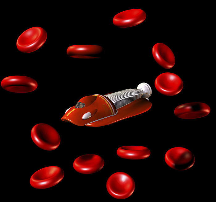 Medical nanorobot Medical nanorobot. Computer artwork of a nanorobot and red blood cells  erythrocytes . In the future, microscopic robots such as these could be used to treat or diagnose diseases from within.