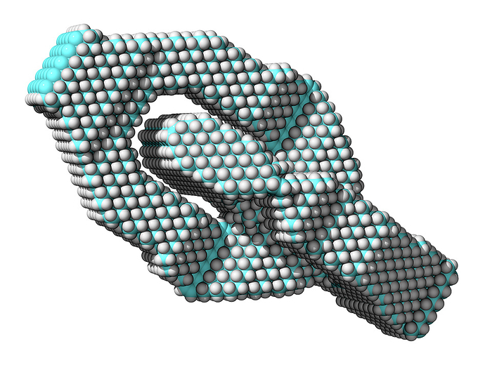 Universal joint, computer model Universal joint, computer model. This mechanical joint design, made entirely from carbon  turquoise  and hydrogen  grey  atoms, is an example of nanotechnology. It is based on fullerenes, forms of carbon where atoms are bonded to make balls or tubes. It is thought that one day nanotechnology could lead to a host of revolutionary miniature inventions, such as microscopic  nanorobots   that patrol the human body in search of cancer tumours. 