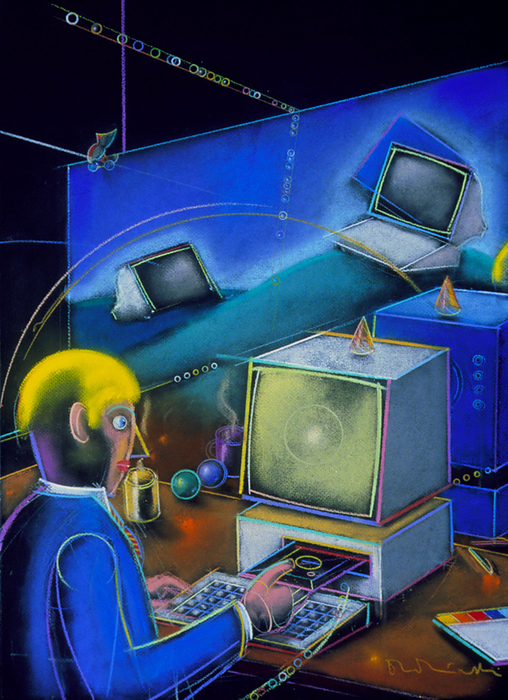 Artwork of a businessman using a computer Reflecting changes in the technology: the title of an illustration by the artist Andrzej Dudzinski. First published in Communications Week, 1989