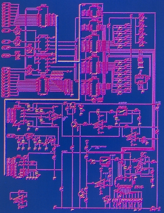 Computer graphic of an electronic circuit diagram Electronic circuit. Computer graphic display showing an electronic circuit wiring diagram of a transistor tester.