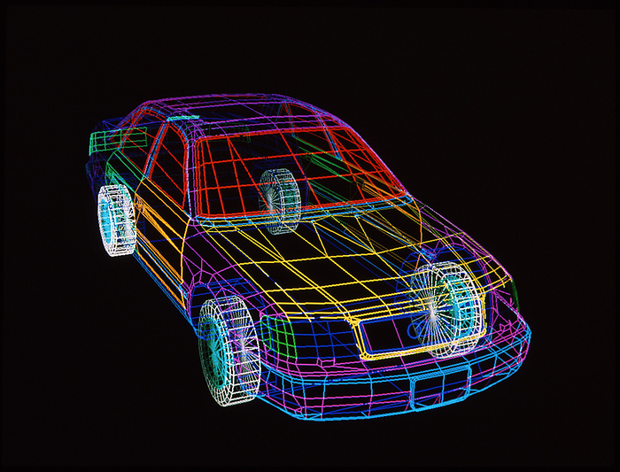 CAD car design Computer aided design. Image made by a computer aided design  CAD  package of an Audi 100 car. The image is in the form of a wire frame drawing, where the surface of the vehicle is described as a set of interlocking polygons. CAD is an increasingly powerful tool in the design of many common products, as design changes may be quickly incorporated into the model. Pre computer age techniques involved the labour intensive carving of wooden mock ups of designs from paper technical drawings. CAD packages may even be integrated with production machinery in computer aided manufacture  or CAD CAM  systems.