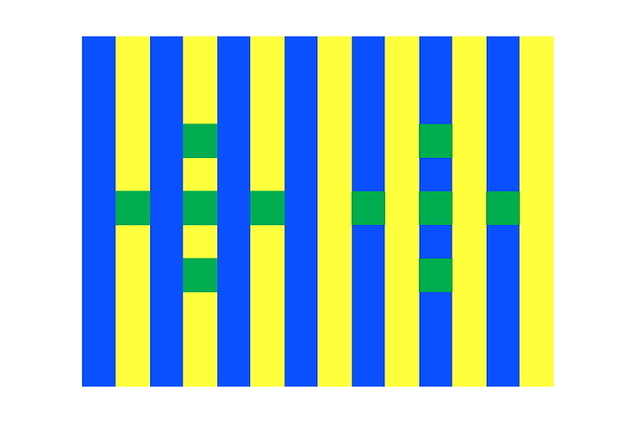 Simultaneous contrast Simultaneous contrast example. The green squares look darker on the left, where they are in yellow bands, compared to the right, where they are in blue bands. There is no actual difference between them. This is a demonstration of the effect known as simultaneous contrast   the phenomenon whereby the perception of different colours is altered by their surroundings. There has been some debate   most notably amongst the 19th century scientists Helmholtz and Hering   as to whether this results from neurological effects or from retinal pre processing. It is likely that it is a combination of the two.