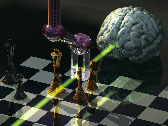 Artificial intelligence Artificial intelligence. Conceptual computer artwork of a virtual brain directing a robot arm to move chess pieces. This could represent artificial intelligence.