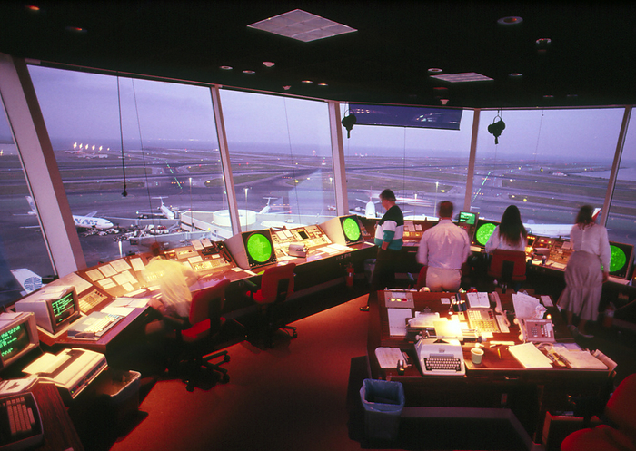 Interior of Air Traffic Control Tower Interior view of the Air Traffic Control Tower at San Francisco International Airport. The green radar displays show aircraft flying within 50 nautical miles of the airport, captured by the Primary Surveillance Radar  PSR . Controllers here deal only with aircraft within San Francisco s Terminal Manouvering Area  TMA : aircraft overflying the area and those up to 250 nautical miles away are dealt with by regional controllers elsewhere in the tower.