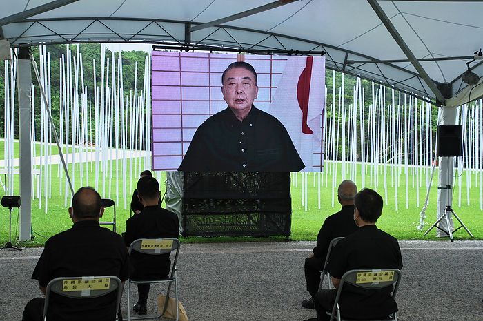  Battle of Okinawa  76th Anniversary Commemoration Japan s Speaker of the House of Representatives, Tadamori Oshima sends a video message for the memorial service for all war dead of the  Battle of Okinawa  at the Peace Memorial Park in Itoman, Okinawa Prefecture, Japan on June 23, 2021.