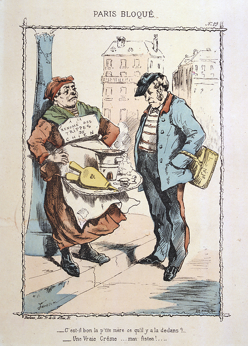 Franco-Prussian War 1870-1871: Siege of Paris 19 Sept 1870-28 Jan 1871.  National Guardsman does not fancy the delicacy the street  vendor is offering - dog offal.  From 'Paris Bloque', Faustin Betbeder.  France Germany Food Shortage Hunger