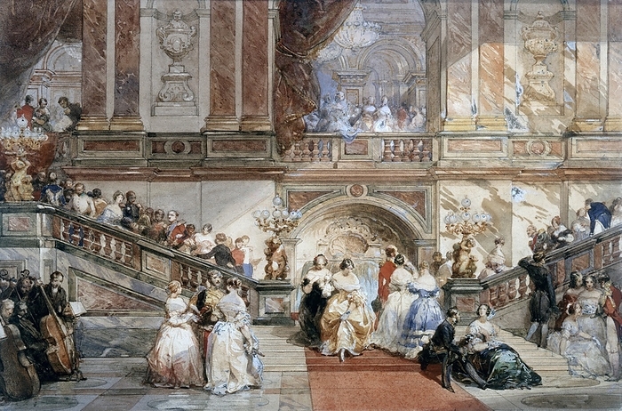Ball at the Hotel de Ville' c1860. Watercolour. Eugene Lami (1800-1890) French painter. Marble staircase with guests attending fashionable ball in Paris. Music Orchestra  Opulence Society Entertainment