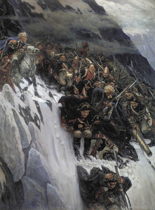 Wassilij Iwanowitsch Surikow (1848?1916) Russian Troops under Suvorov Crossing the Alps in 1799.  Date 1899. The Italian and Swiss expeditions of 1799 and 1800 were undertaken by the Russian commander Alexander Suvorov against French force in the  French Revolutionary Wars