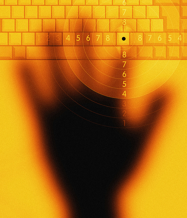 Computer crime Computer crime. Conceptual computer artwork of a hand touching a key on a keyboard. The target pattern could represent efforts to target and prevent internet and computer crime, or could represent the use of pin numbers to gain access to secure areas of the internet, such as bank accounts.