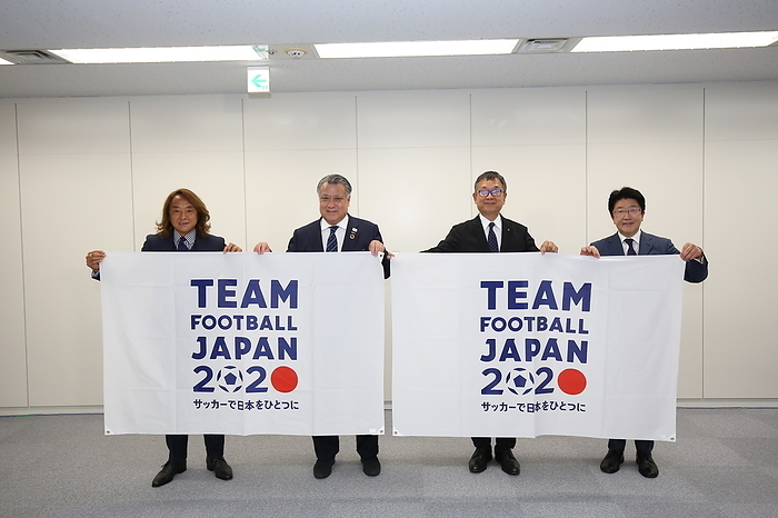 Inaugural press conference for TEAM FOOTBALL JAPAN 2020 Japan Inclusive Football Federation president Tsuyoshi Kitazawa  L , Japan Football Association president Kozo Tashima  2L , Japan Professional Football League chairman Mitsuru Murai  2R , and Japan Blind Football Association president Shiro Shiojima pose during the launch ceremony of the  TEAM FOOTBALL JAPAN 2020  for the Tokyo 2020 Olympic and Paralympic Games at JFA House in Tokyo, Japan, June 30, 2021.  Photo by JFA AFLO 