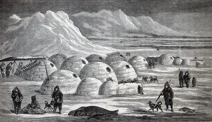 illustration of an Inuit village, Oopungnewing, near Frobisher Bay on Baffin Island. mid 19th century.